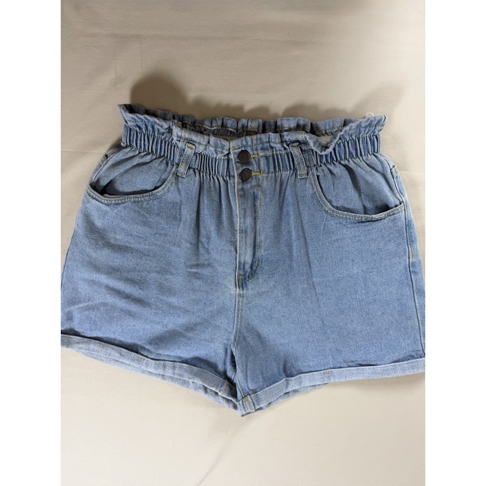 Plaid & Plain Womens Paperbag Shorts L Light Wash Blue High Waist Cotton Denim
